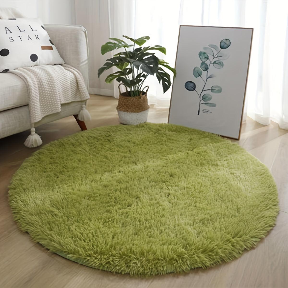 Round Faux Fur Area Rug, Plush, Lightweight Knit, Non-Slip Backing