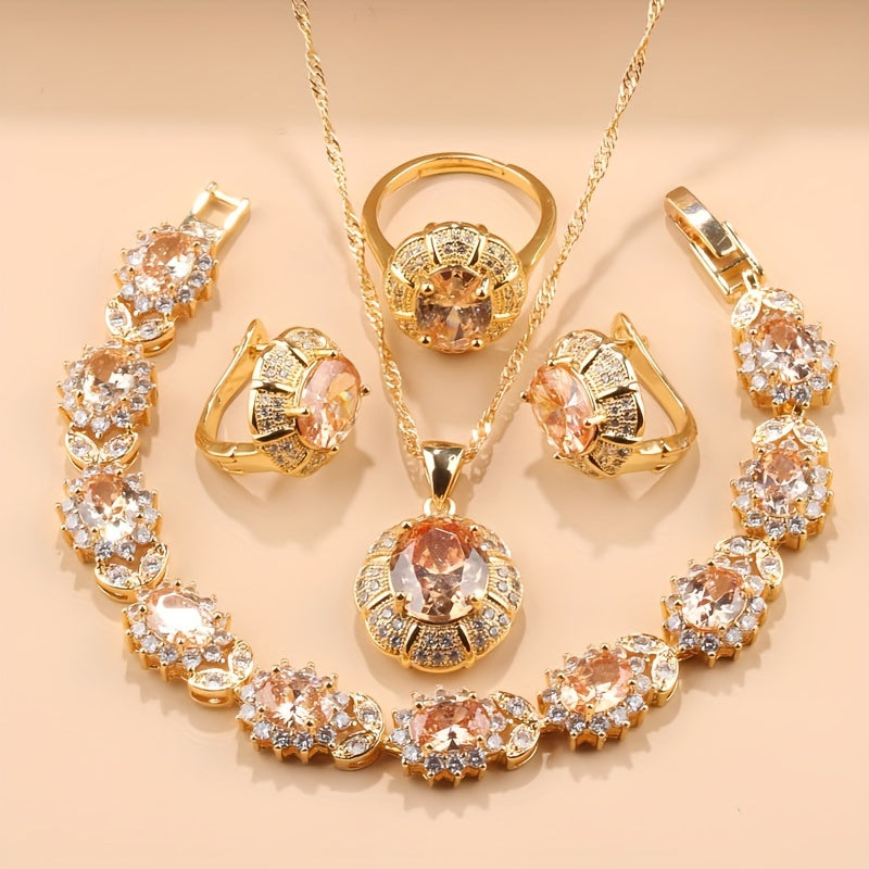 Women's Jewelry Set 5-Piece Cubic Zirconia Necklace Earrings Ring Bracelet for Weddings