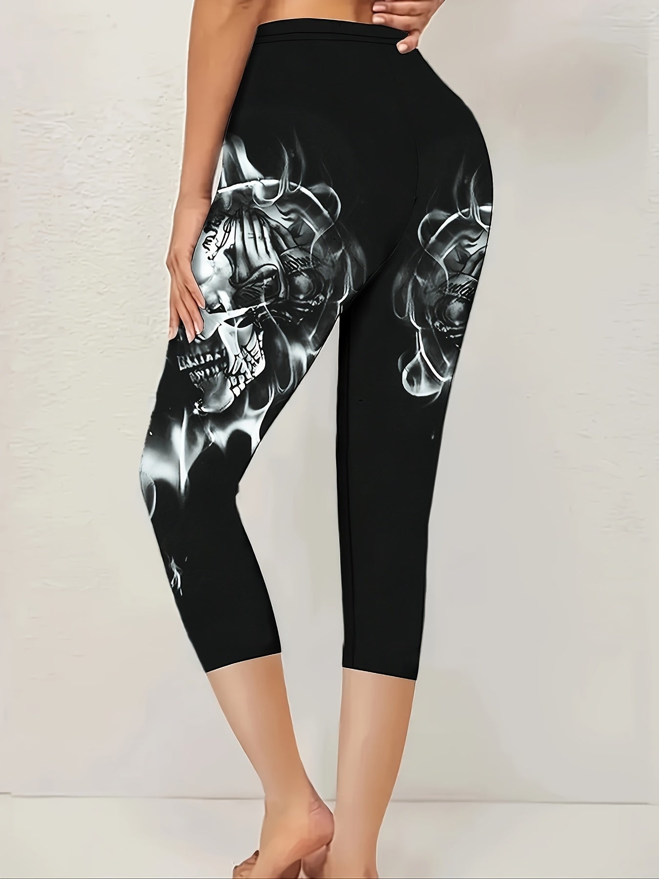 Women's High-Waisted Yoga Leggings with Skull and Floral Print Stretchy Non-See-Through