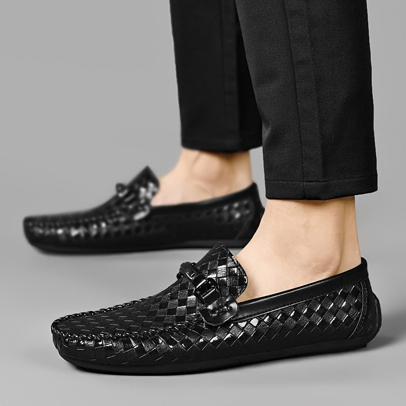 Men's Black Slip-On Loafers Breathable Diamond Pattern Casual Summer Lightweight Rubber Sole