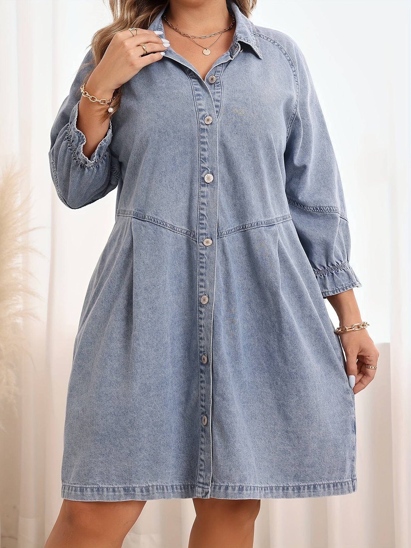Plus Size Light Blue Denim Shirt Dress with Ruffle Hem for Casual Wear
