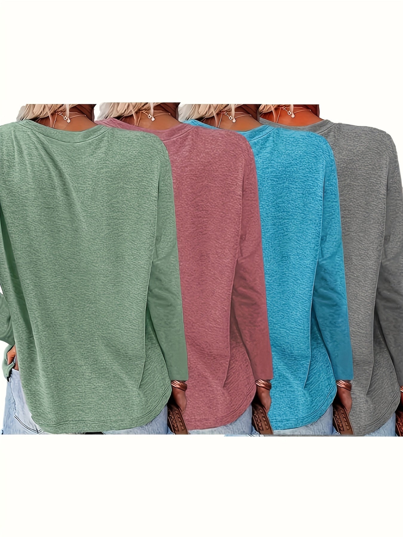 Women's Solid Color Round Neck Long Sleeve Casual Tops for Spring and Autumn