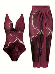 Deep Red Printed Two-Piece Beachwear Set with Crisscross One-Piece and Tie-Waist Skirt