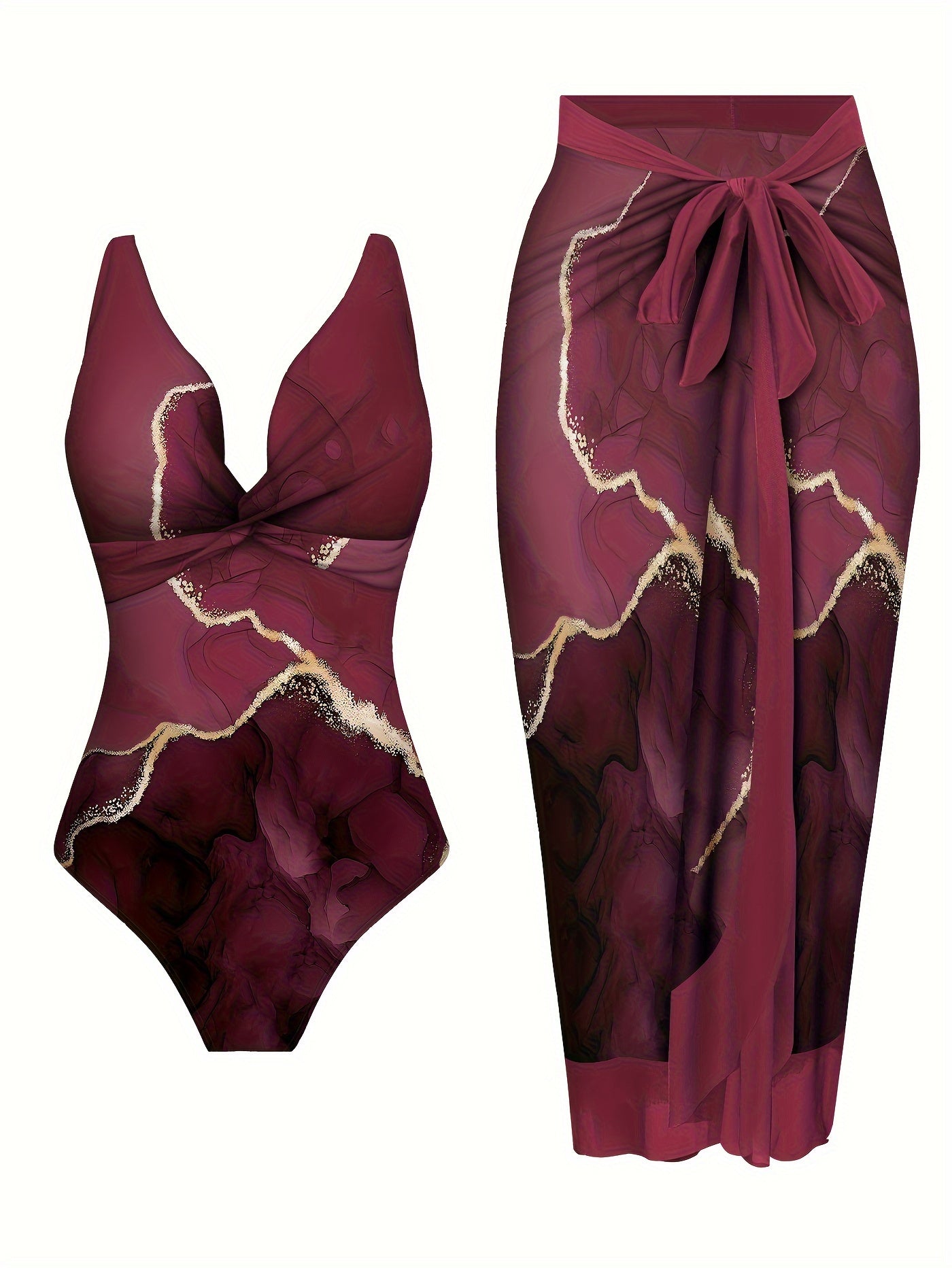 Deep Red Printed Two-Piece Beachwear Set with Crisscross One-Piece and Tie-Waist Skirt