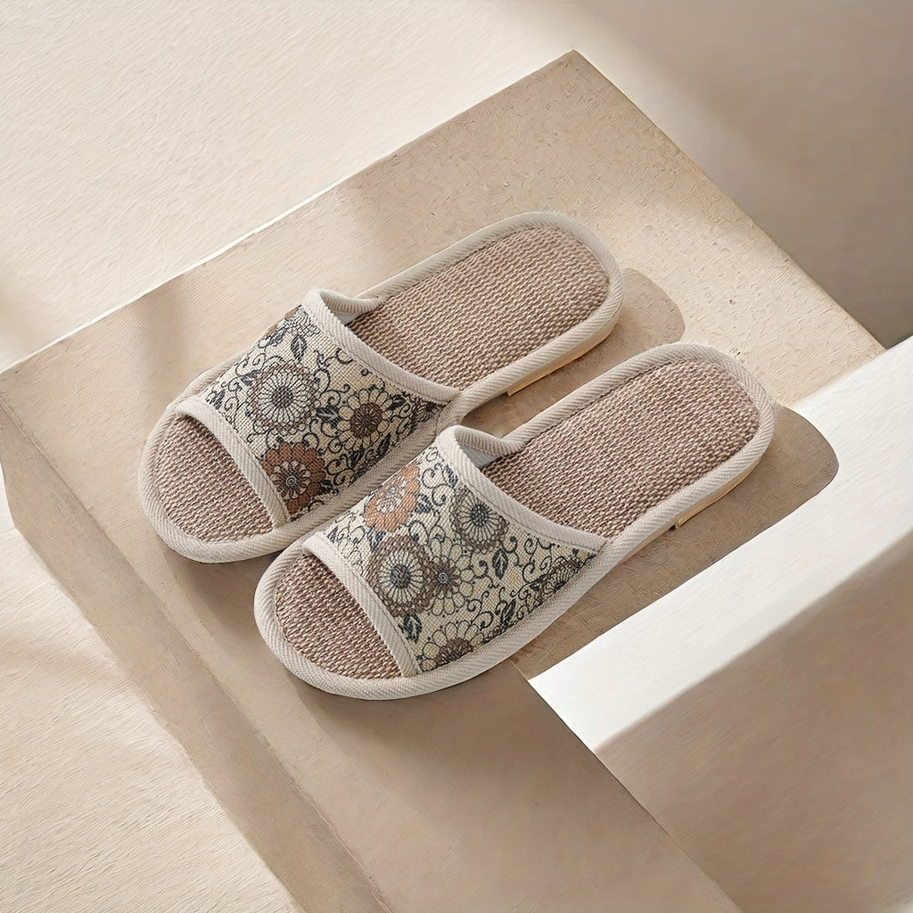 Women Flower Pattern Slippers Open Toe Linen Indoor Shoes