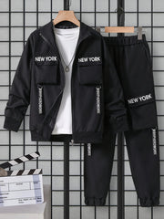 Men's Spring Autumn Casual Outfit Zipper Jacket and Elastic Waist Pants Set for Young Adults