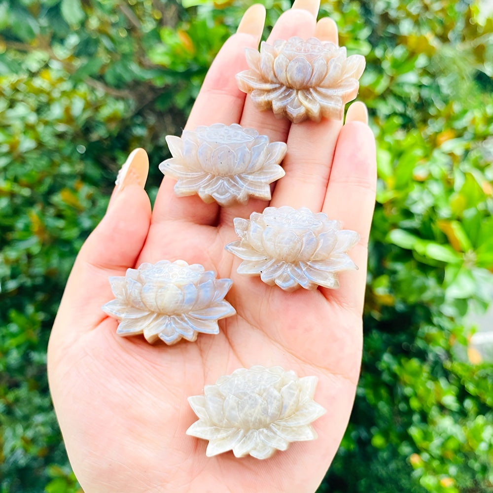 Ручная работа Лунный камень Лотос Цветок Скульптура Кристалл-камень Искусственный драгоценный камень Домашний декор