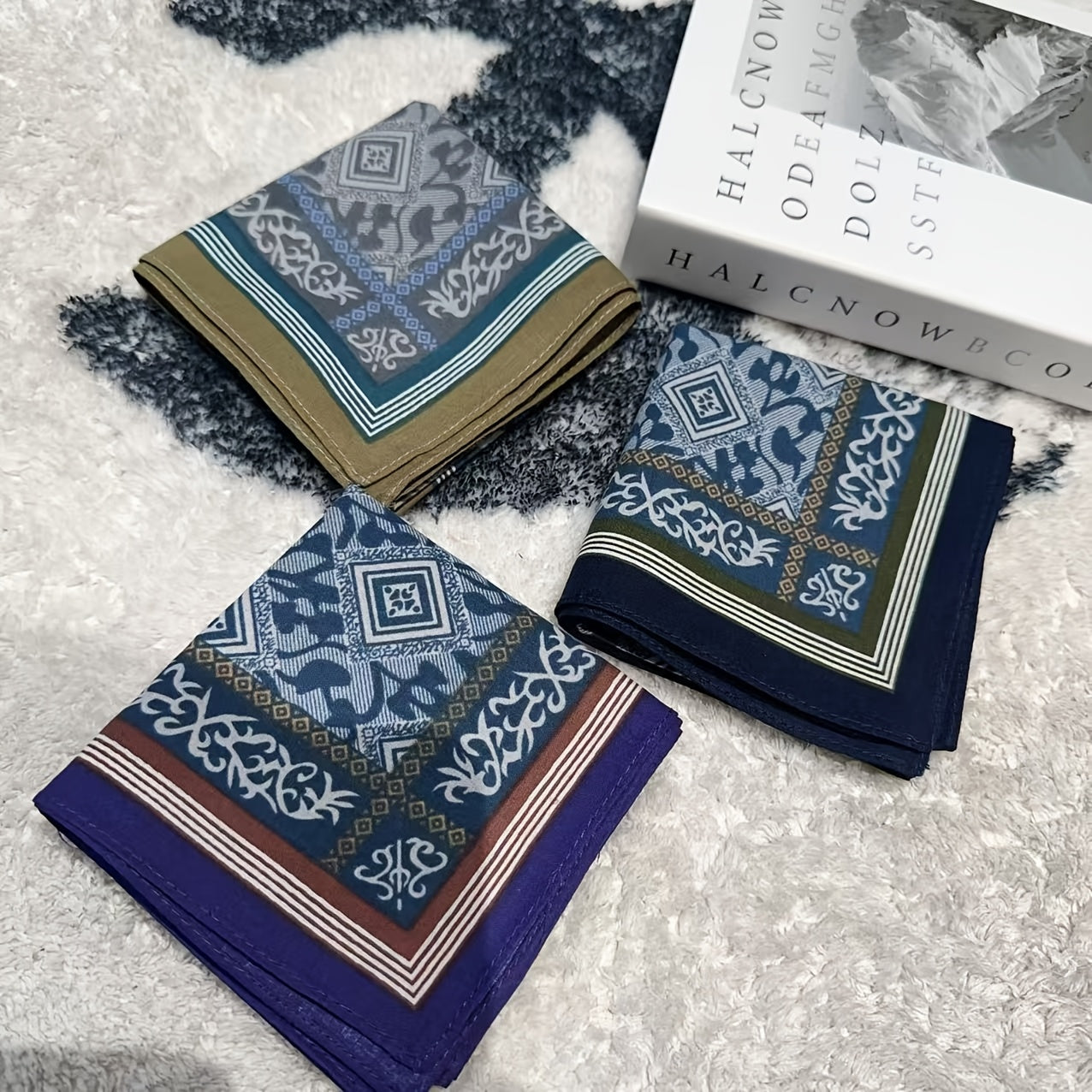 Set of 3 Men's Cotton Jacquard Handkerchiefs Soft Absorbent for Daily Use