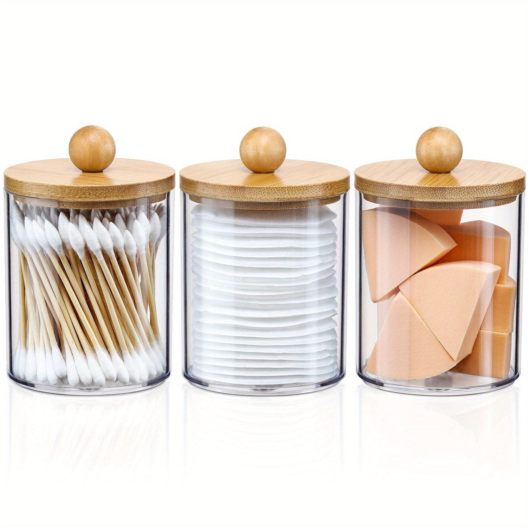 3-Piece 10 Oz Swab Organizer Set with Bamboo Lids for Vanity and Makeup Storage