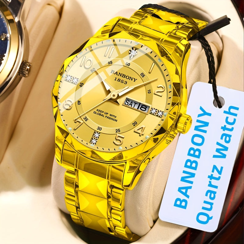 Men's Stainless Steel Quartz Watch with Roman Numeral Dial and Date Calendar