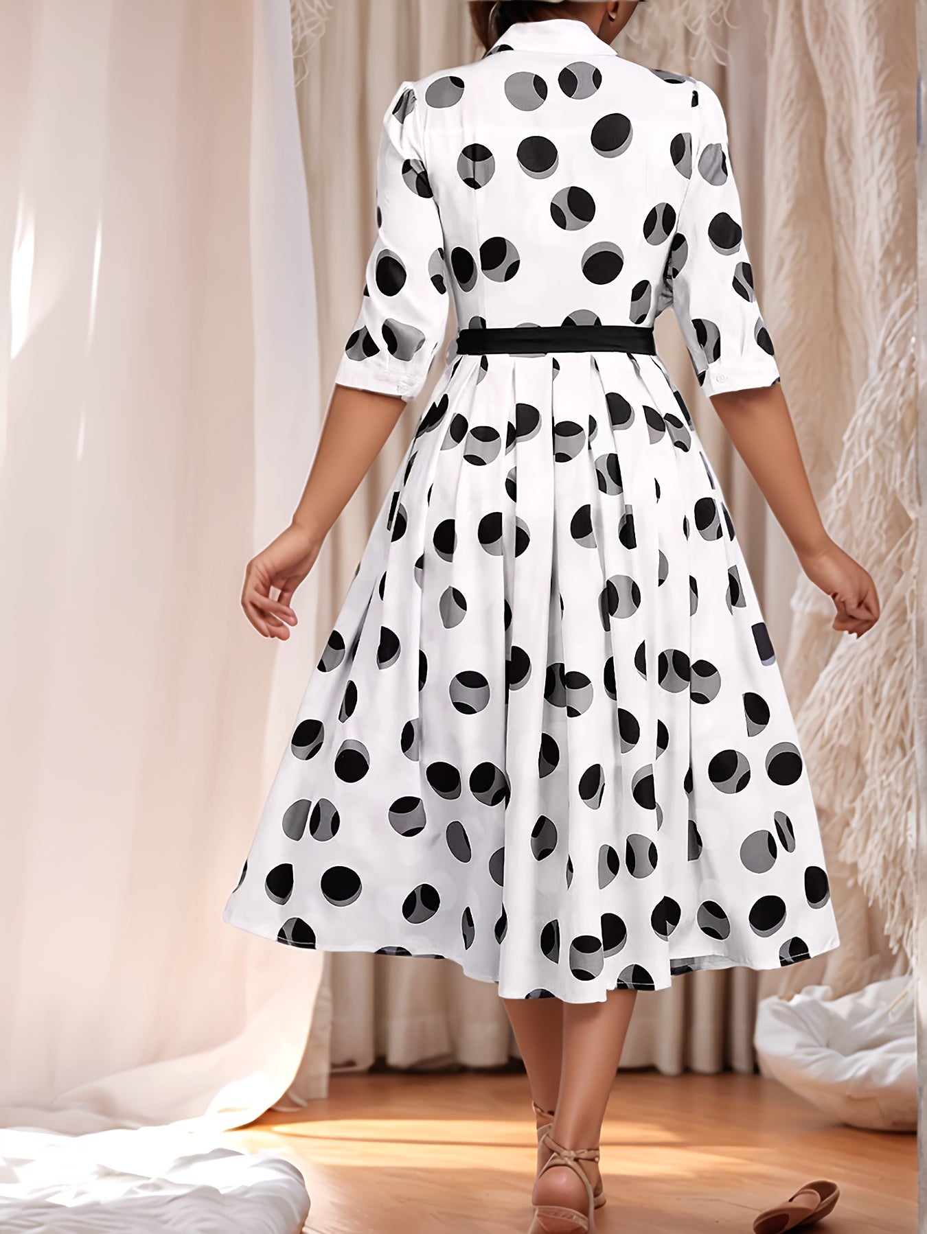 Vintage-Inspired Polka Dot Midi Shirt Dress with Belt and Collared Design