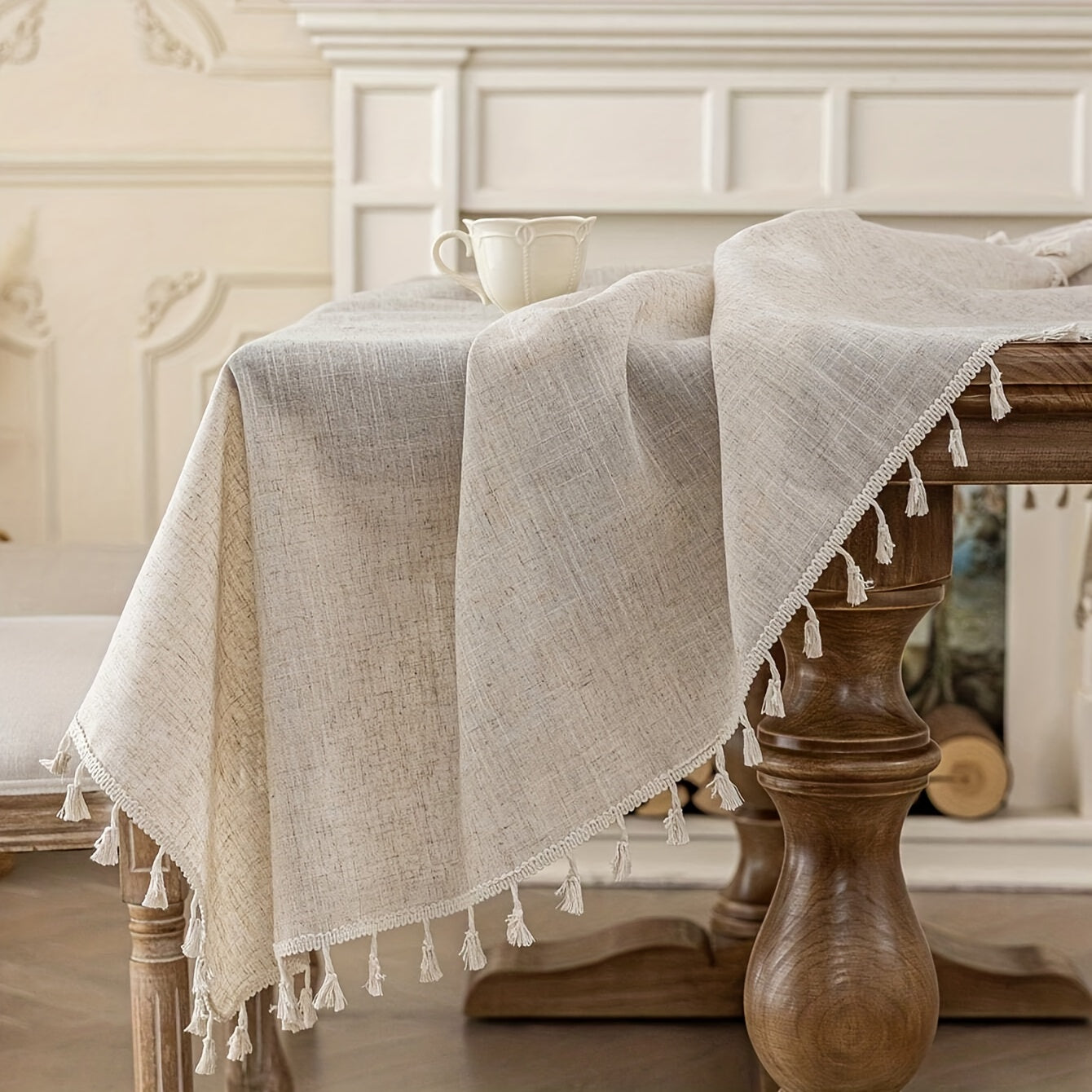 Polyester Cream Tassel Lace Tablecloth Khaki for Holidays and Parties