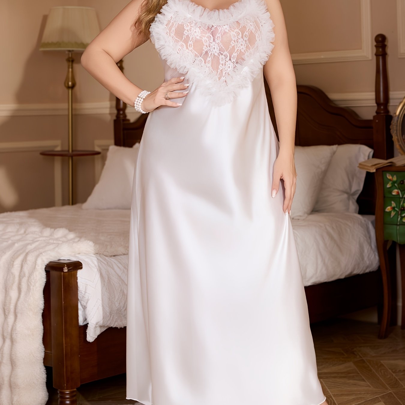 Женская ночная рубашка из сатина с кружевными вставками, прозрачная, с сердечным узором, сетчатая, больших размеров