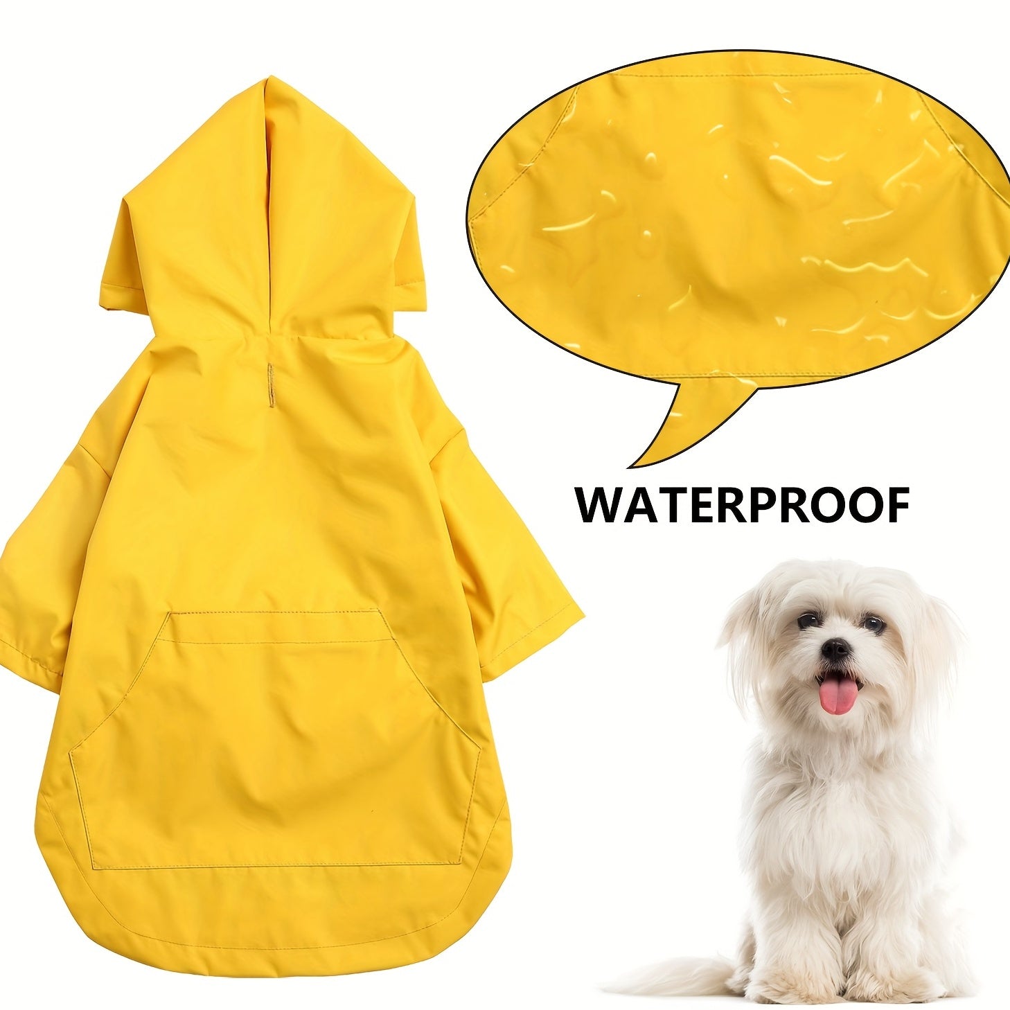 Желтая дождевик для собак с отражающей полосой, пуговицами, молнией, регулируемым шнурком и съемным капюшоном.