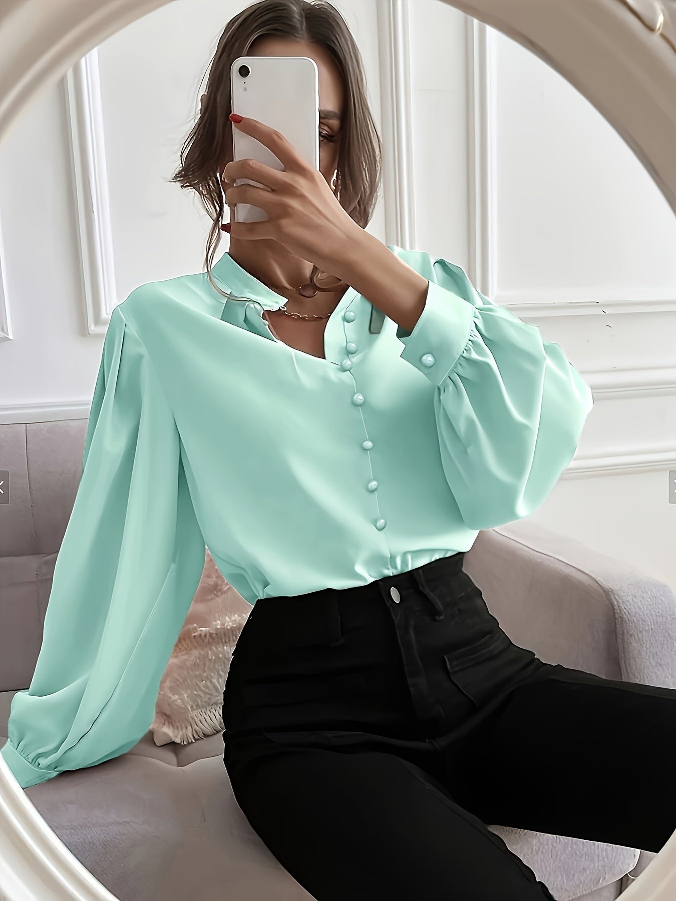 Women's Plus Size Woven Shirt Casual Short Sleeve Polyester Blue