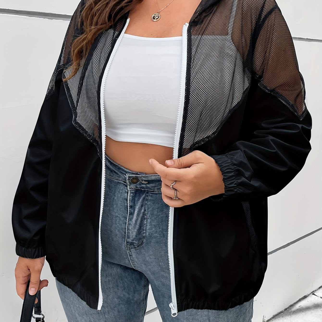 Plus Size Women's Contrast Color Block Mesh Hooded Long Sleeve Top Breathable Summer Blouse