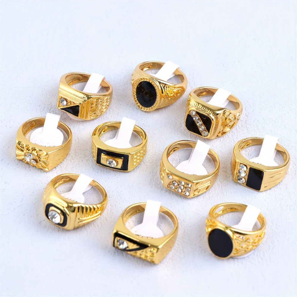 Set of 10 Black Geometric Drip Rhinestone Rings for Men and Women