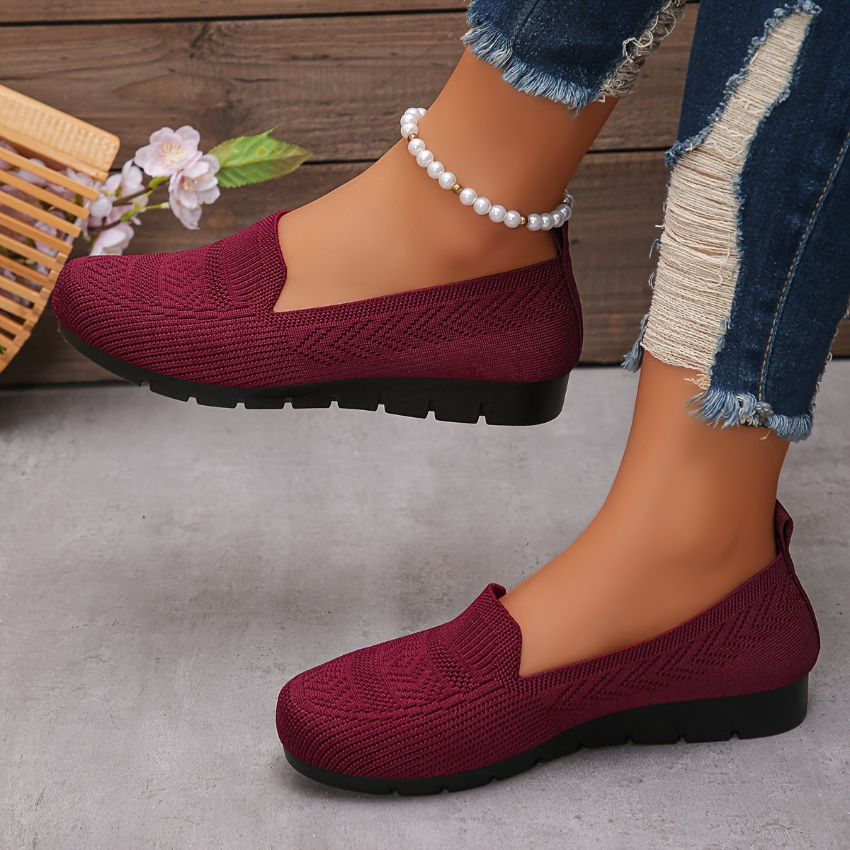 Women's Knit Slip-On Loafers Comfortable Breathable Non-Slip Casual Shoes
