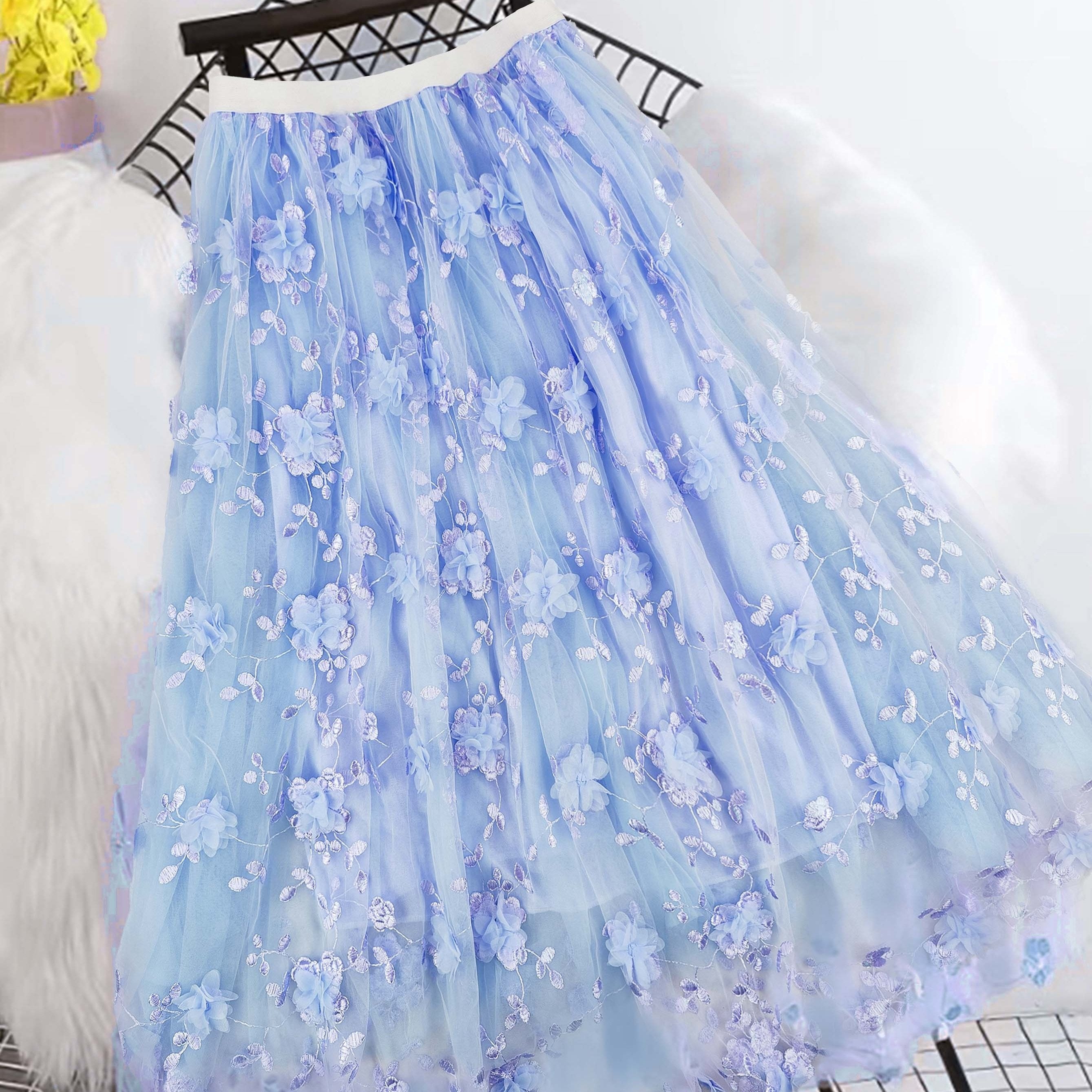 Women's High-Waist A-Line Midi Skirt with Tulle and Floral Embroidery Black Spring Summer Polyester