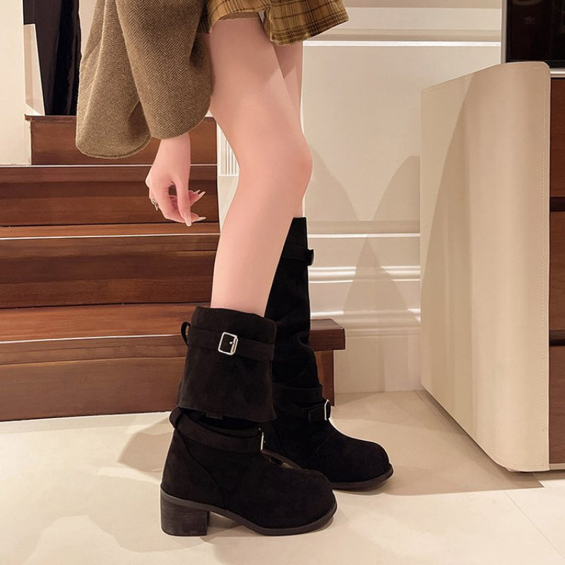 Women's Black Over-the-Knee Riding Boots with Chunky Heel and Buckle Strap