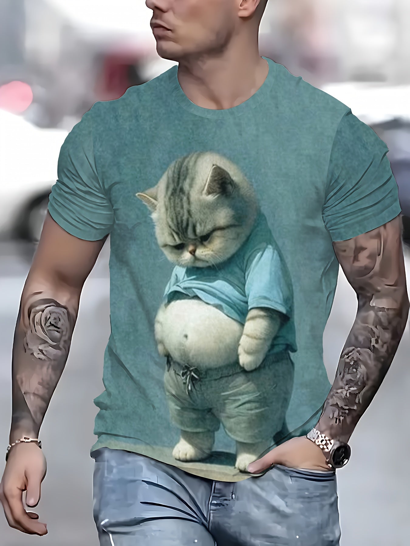 Camiseta de manga corta con cuello redondo y estampado de gato 3D para hombre