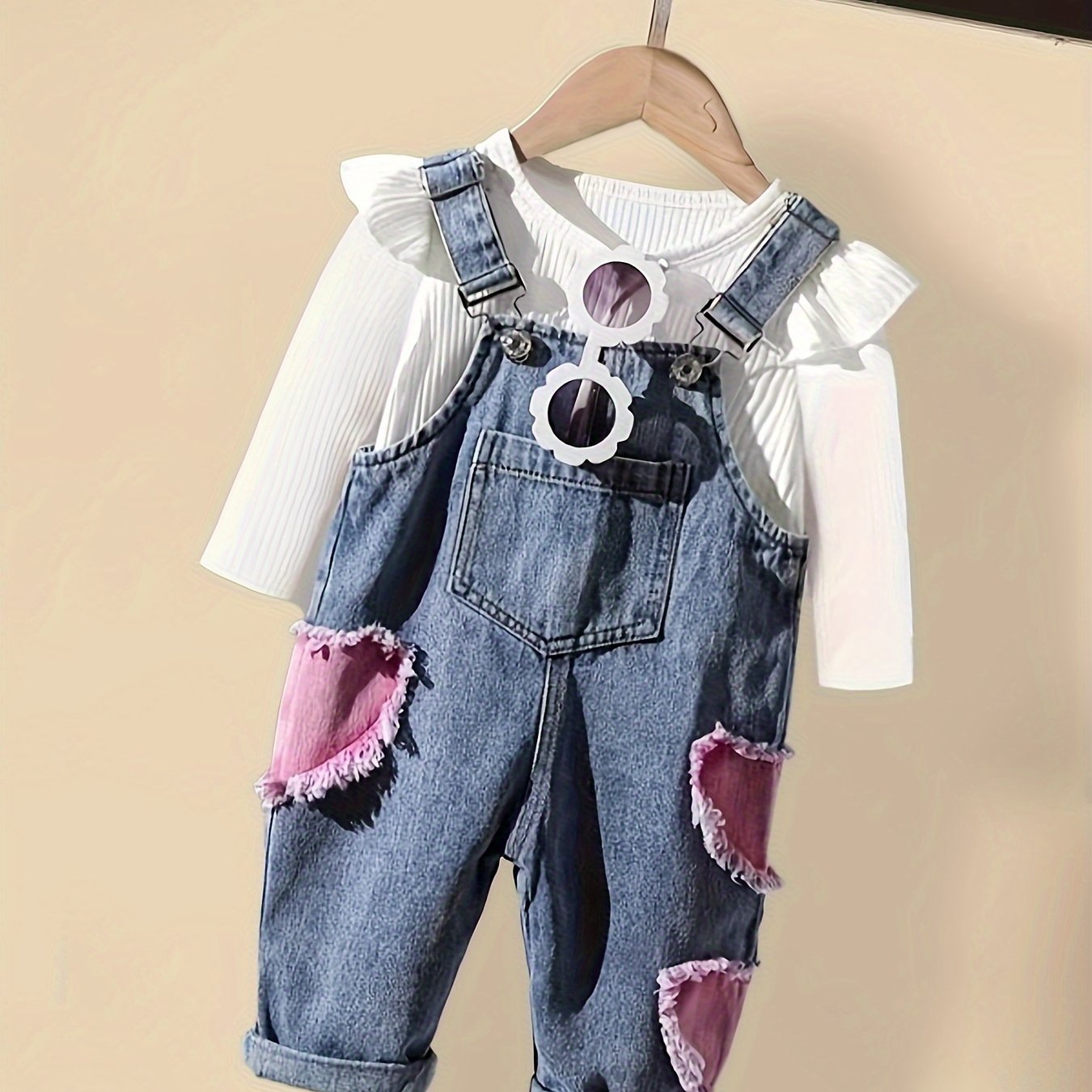 Kichkina qizlar uchun paxta uzun ko'ylakli ruffle top va suspender denim shimlar to'plami bahor va kuz uchun