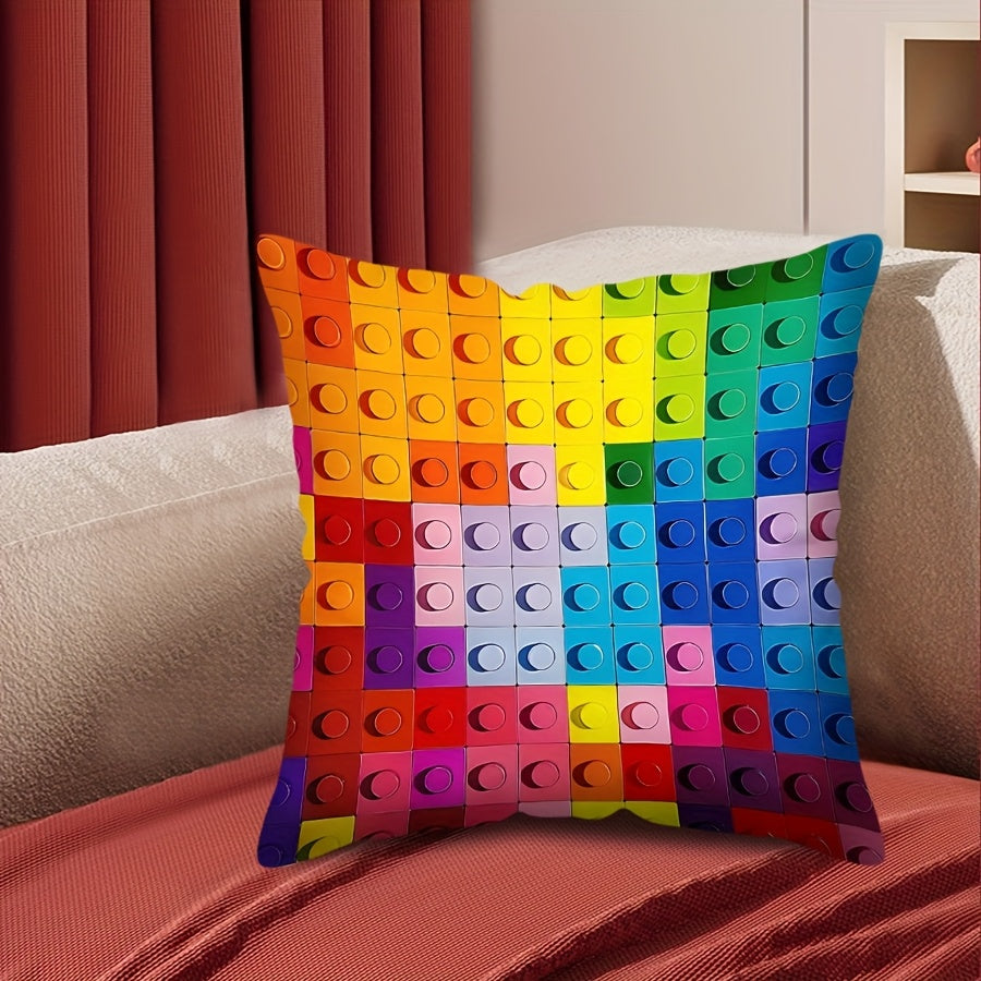 Colorful Building Block Pattern Pillowcase 44.96x44.96 cm Polyester Zipper Closure Decorative Cushion Cover
