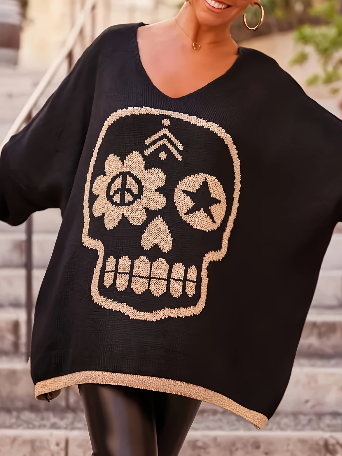 Plus-Size Women's Sweater V-Neck Skull Floral Geometric Long Sleeve Loose Fit Pullover