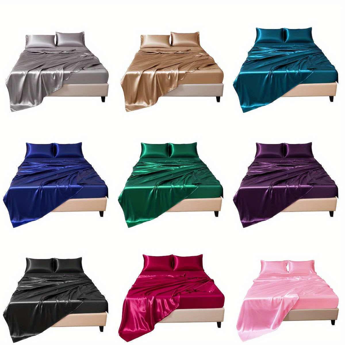 Set of Four Colored Bed Skirt, Sheet, and Pillowcase Bedding Set