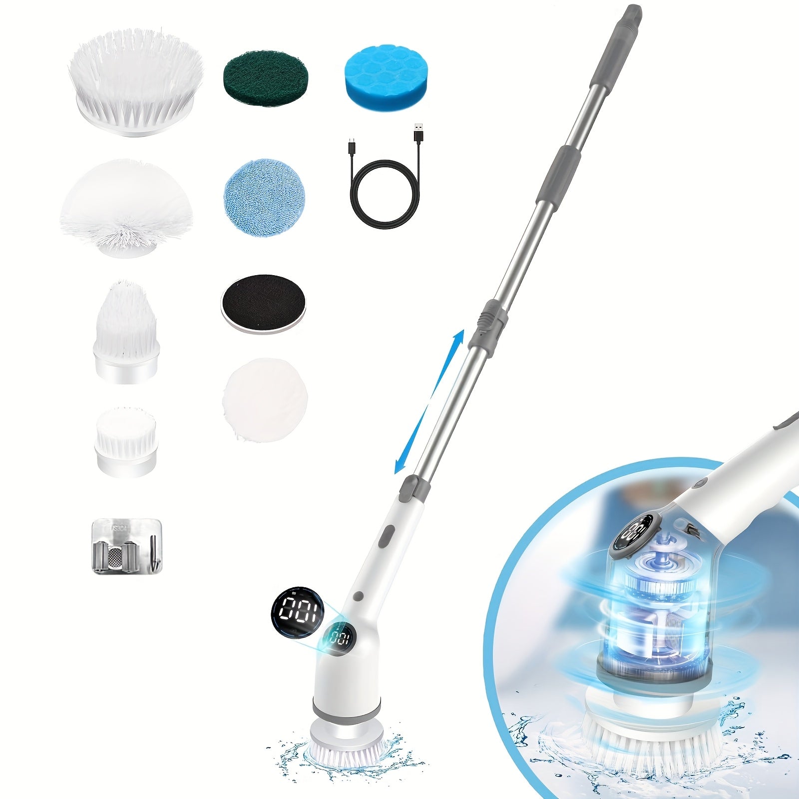 Rotating Electric Cleaning Brush with 8 Brush Heads, Battery Indicator, for Kitchen, Car, Tile, Floor