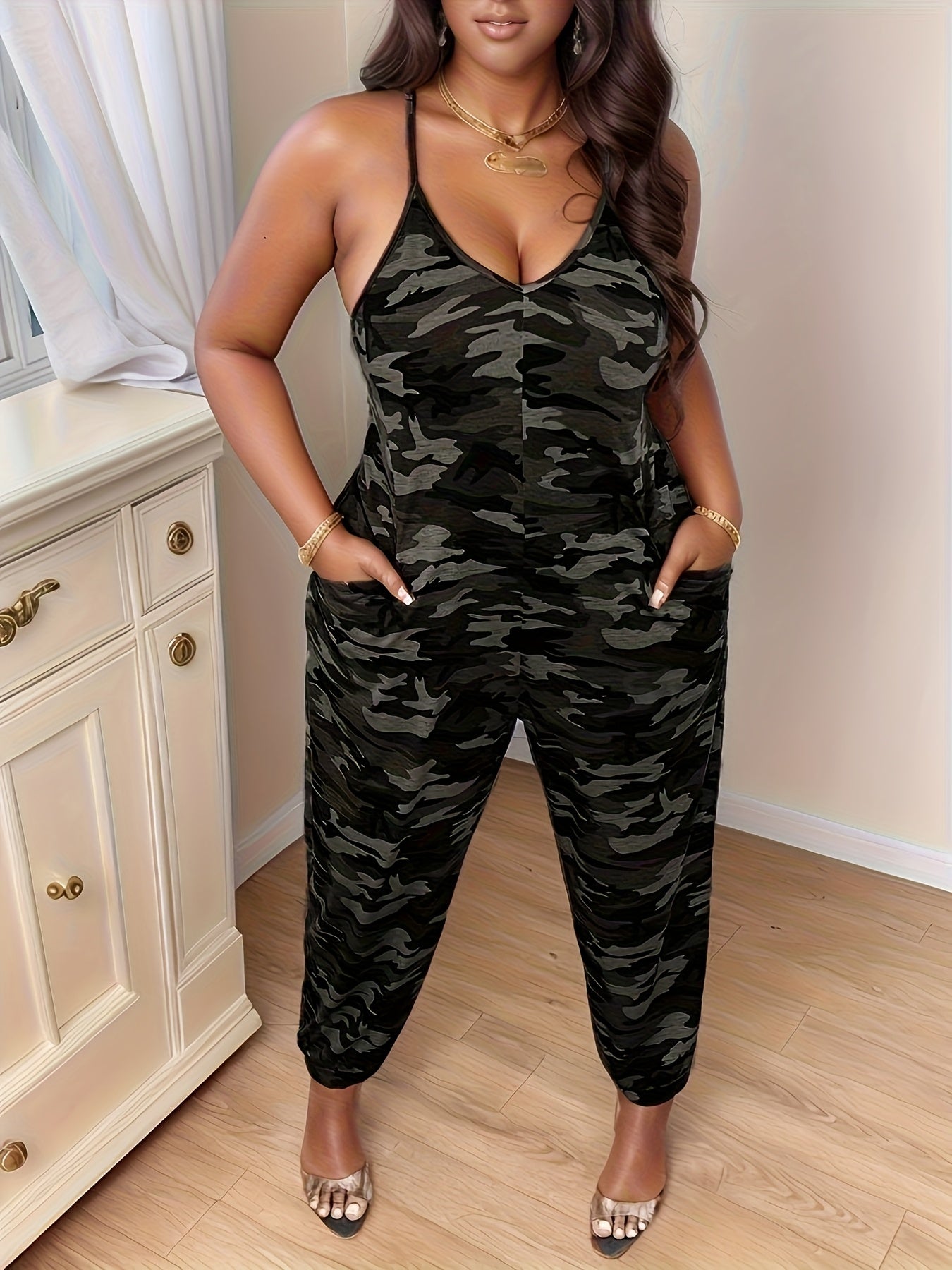 Women's Plus Size Camo V-Neck Jumpsuit with Pockets Polyester Knit