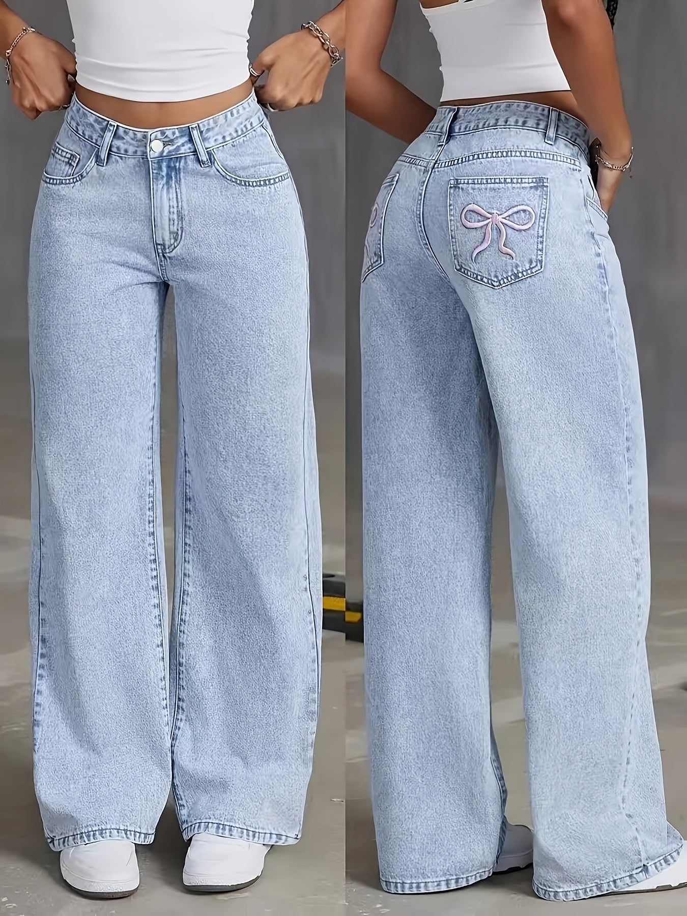 Women's Light Wash Blue Denim Wide Leg Pants with Butterfly Details