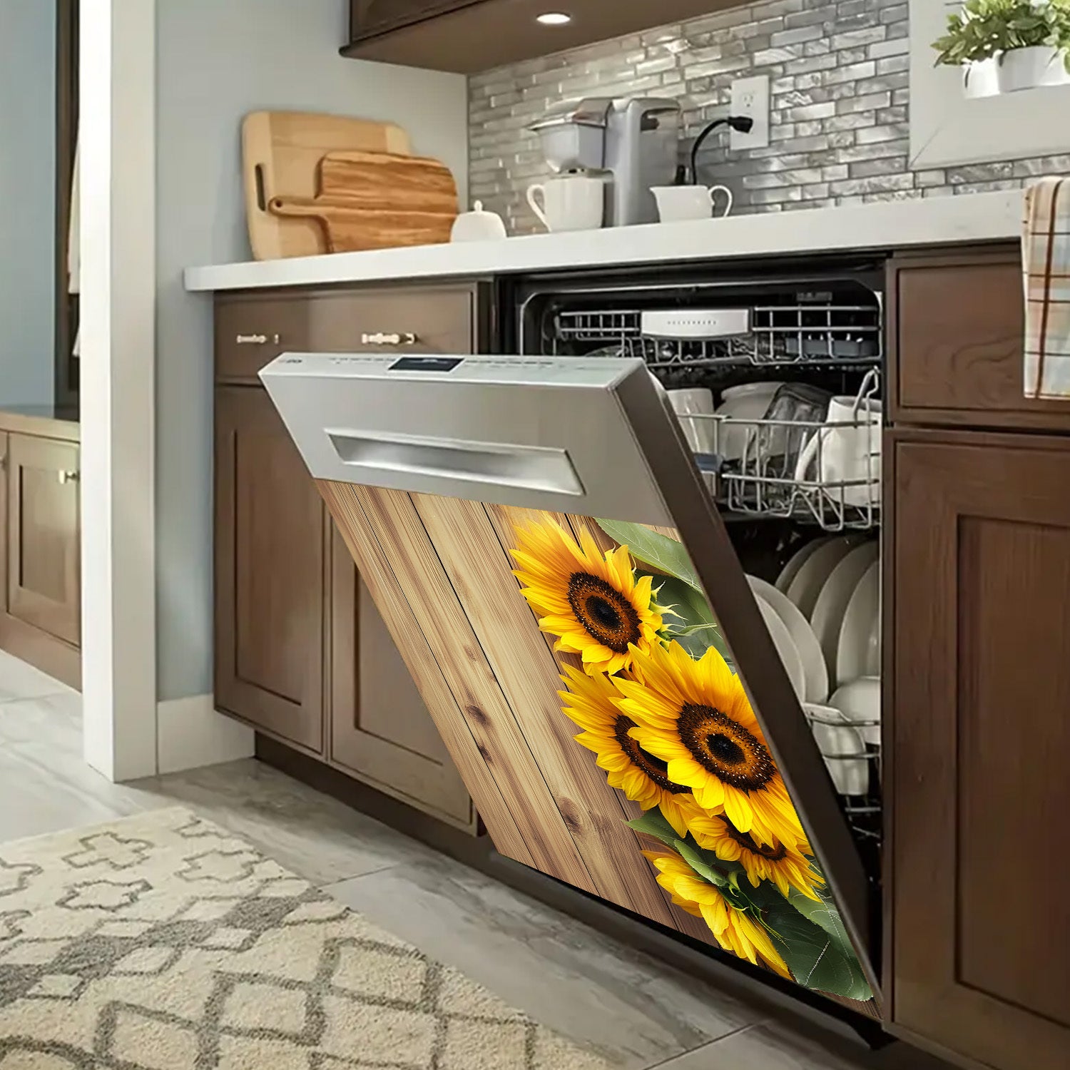 Sunflower Design Dishwasher Magnet Cover Waterproof Heat-Resistant Metal Kitchen Decor Rustic Wood Plank Style