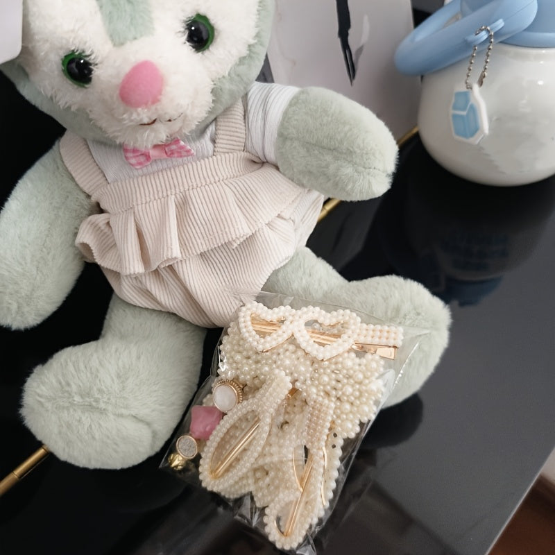 Set of 10 Sweet Style Pearl Hair Clips with Bow Ties and Solid Color Duckbill Grips for Women