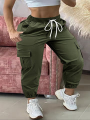 Pantalones cargo de talla grande para mujer en color verde oliva, casuales, con cinturilla ajustable, para todas las estaciones