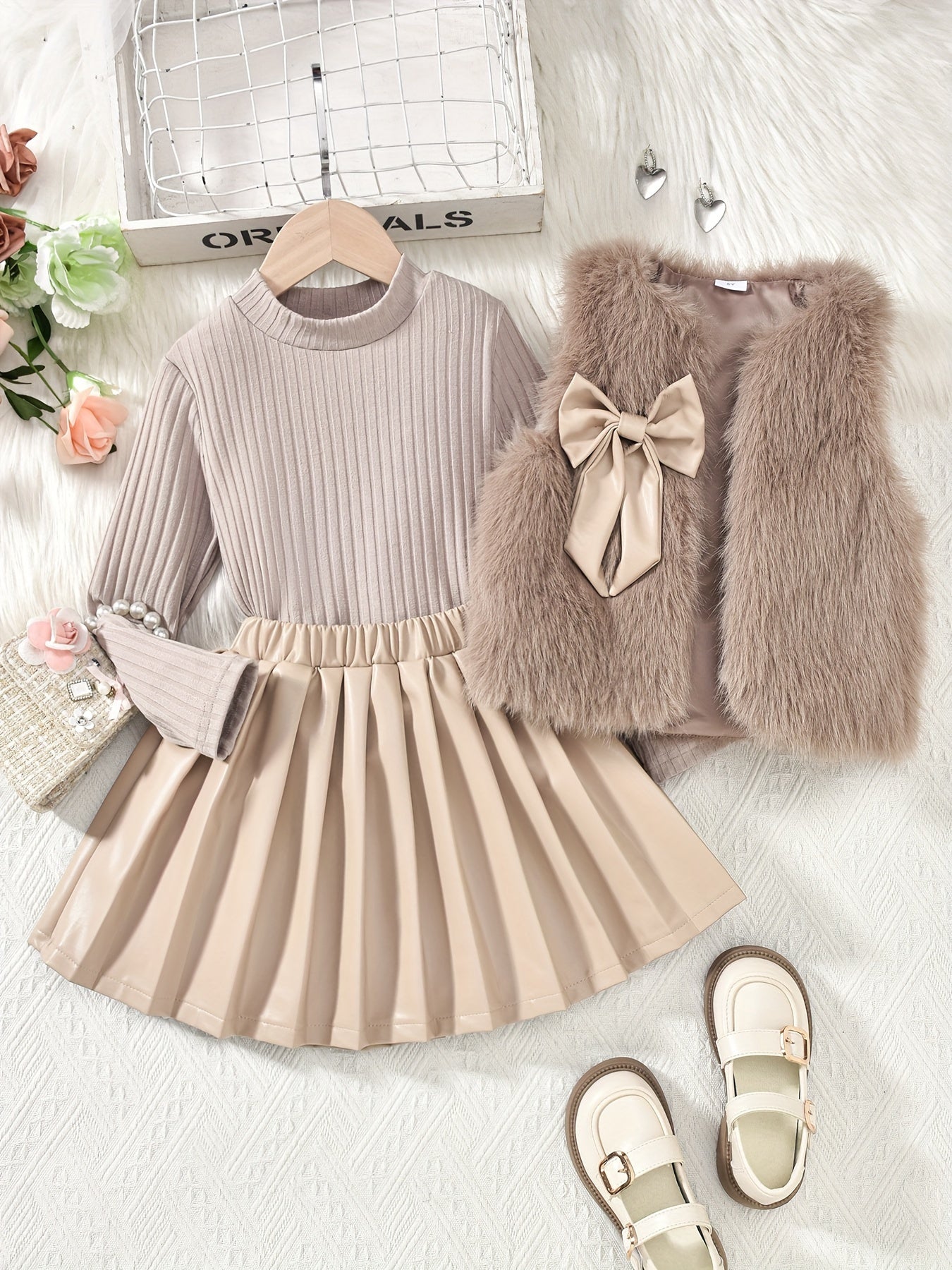 Girls' Knit Set with Mock Neck Top, Pleated Skirt, Furry Bow Vest for Fall Winter