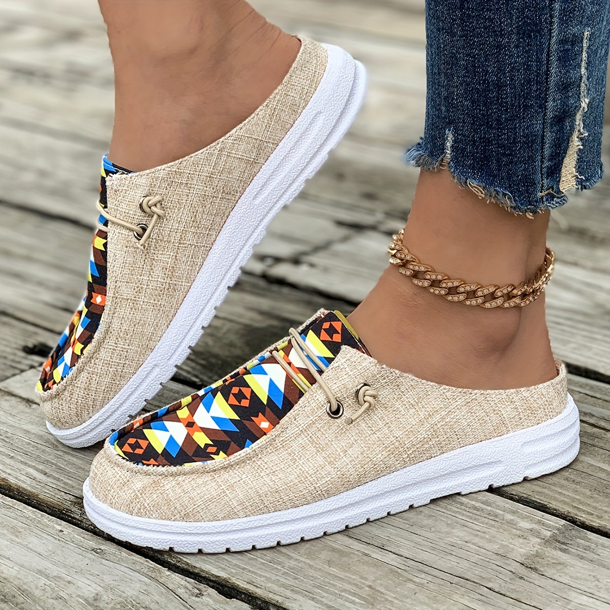 Women's Canvas Slip-On Shoes With Geometric Pattern Casual Sneakers