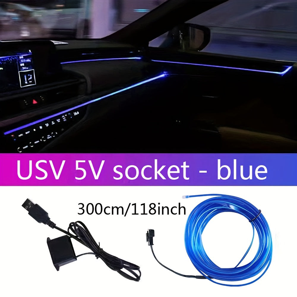 Tira de luz de neón USB flexible para coches azul 3m 118in a 5m 197in