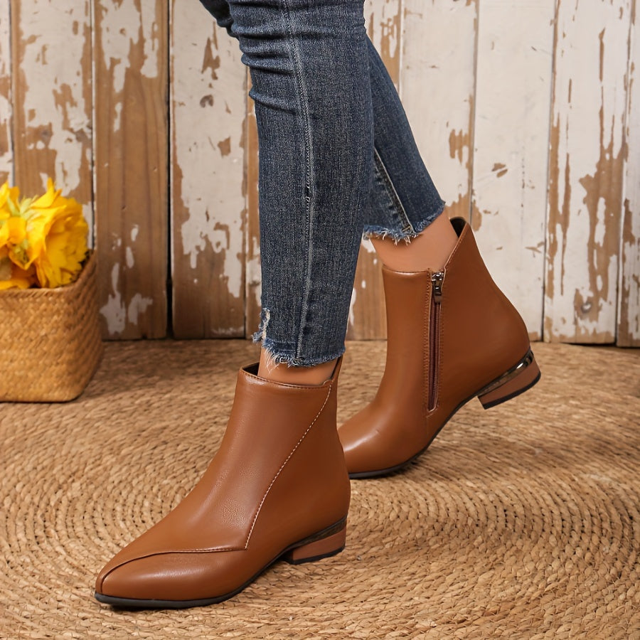 Women's Solid Color Elegant Boots Side Zipper Chunky Heels Point Toe
