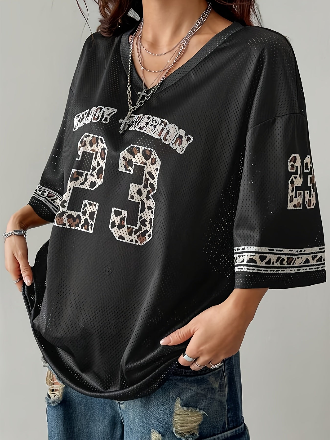 Women's Plus Size Summer Drop Shoulder V-Neck Football Jersey T-Shirt Breathable Semi-Sheer