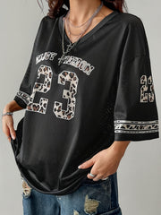 Women's Plus Size Summer Drop Shoulder V-Neck Football Jersey T-Shirt Breathable Semi-Sheer