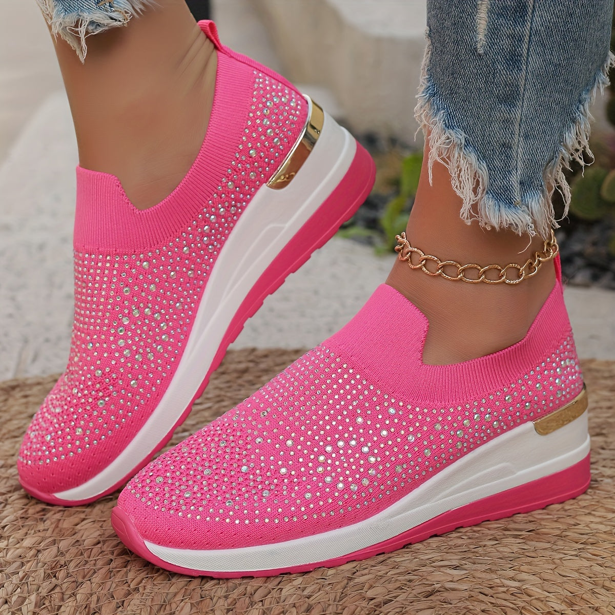 Women's Rhinestone Decor Platform Sneakers Casual Slip-On Outdoor Shoes