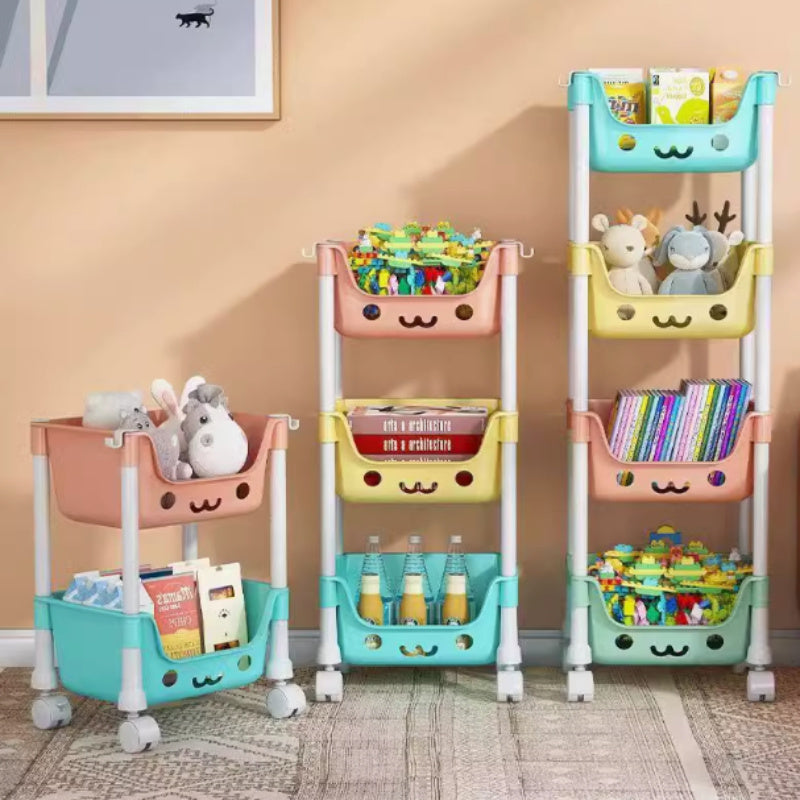 Organizador de almacenamiento de juguetes con ruedas, estantes para libros, carrito de snacks de material PP para guardería y sala de juegos