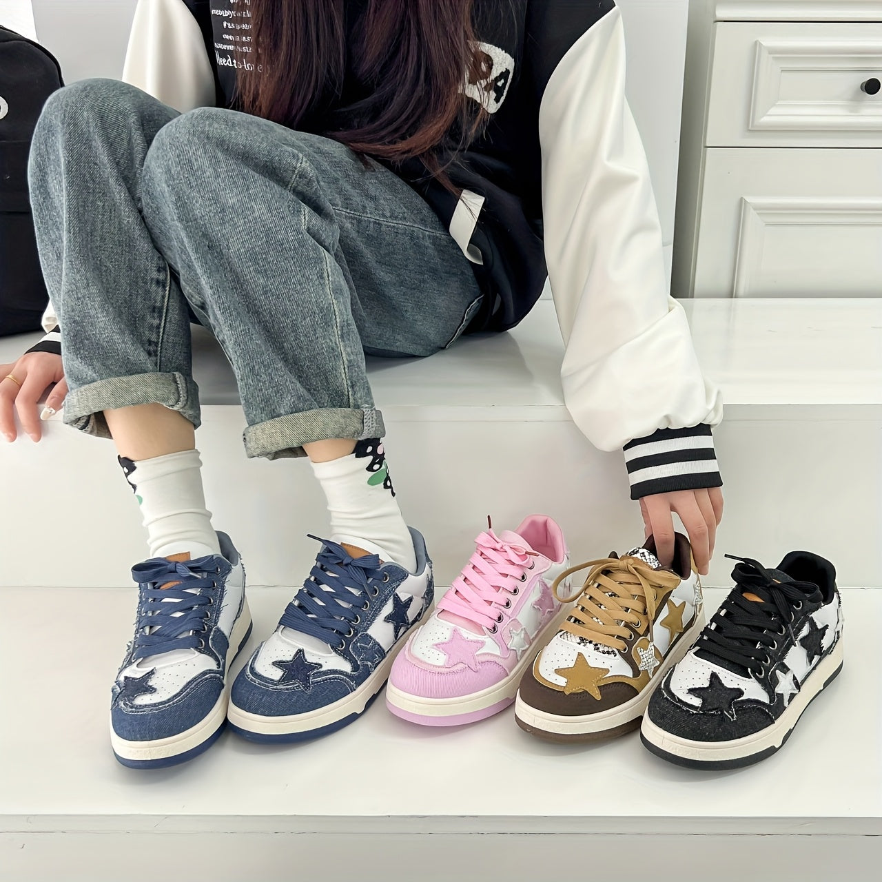 Women's Casual Sneakers Pink Star Embroidered Breathable Fabric Low Top