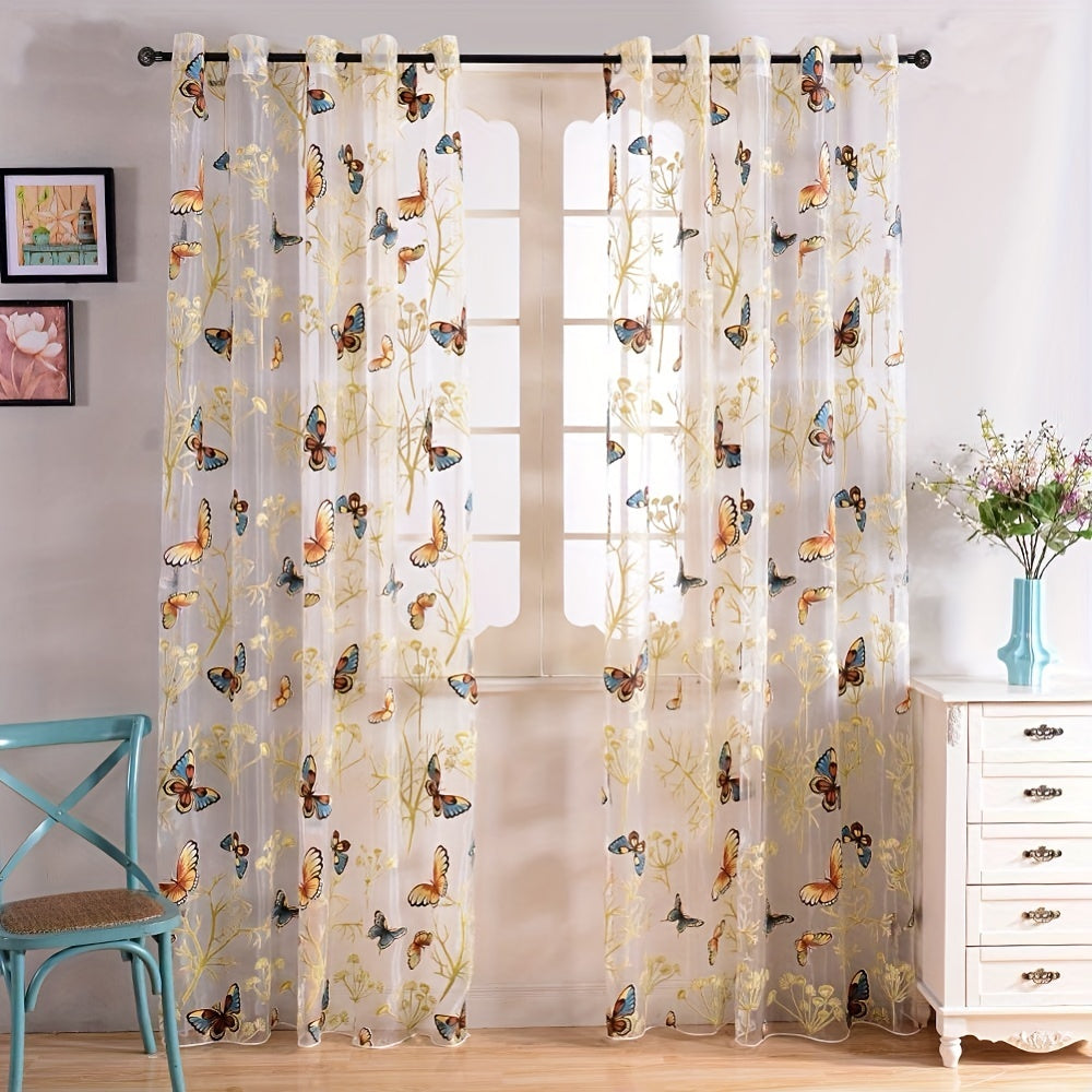 Butterfly Print Sheer Curtain Grommet Top Tulle Window Treatment for Bedroom Living Room