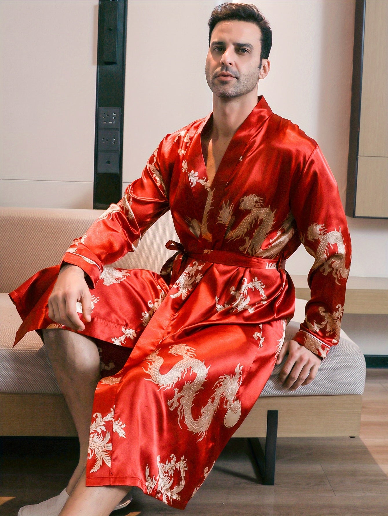 Men's Long Sleeve Robe with Golden Dragon Print Casual Pajama Loungewear Polyester