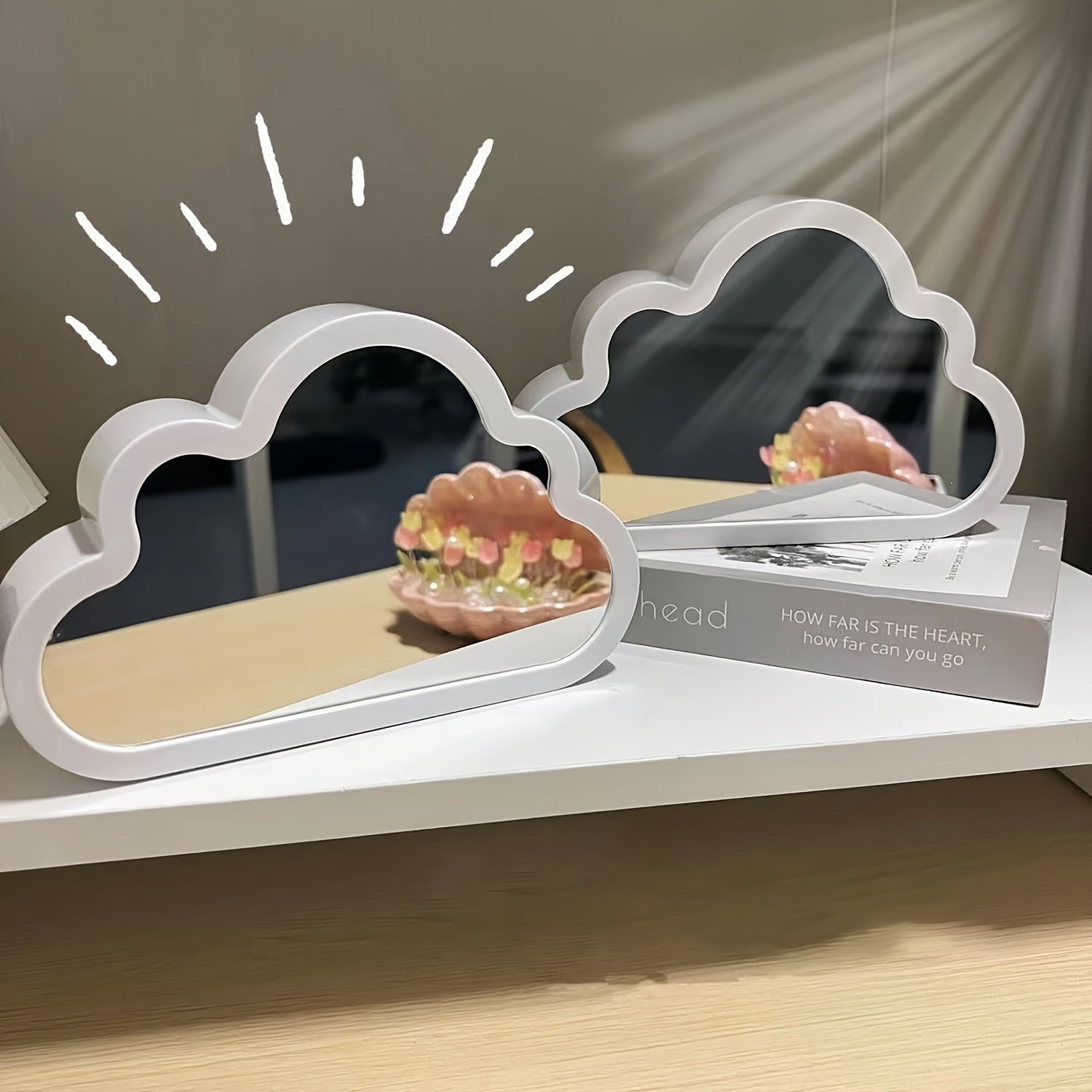 Cloud-Shaped Tulip Night Light with Mirror Back Battery-Powered Adjustable Brightness Modern Bedside Decor