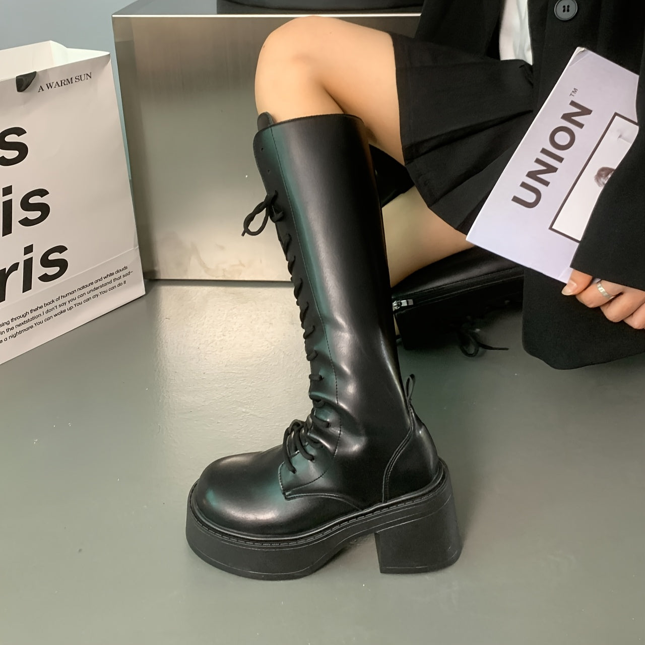 Women's Chunky Platform Ankle Boots Black Synthetic High Heels