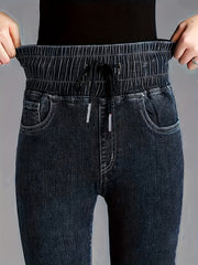 Women's Plus Size High-Waist Stretch Denim Jeans Dark Blue Slim Fit Casual All-Season