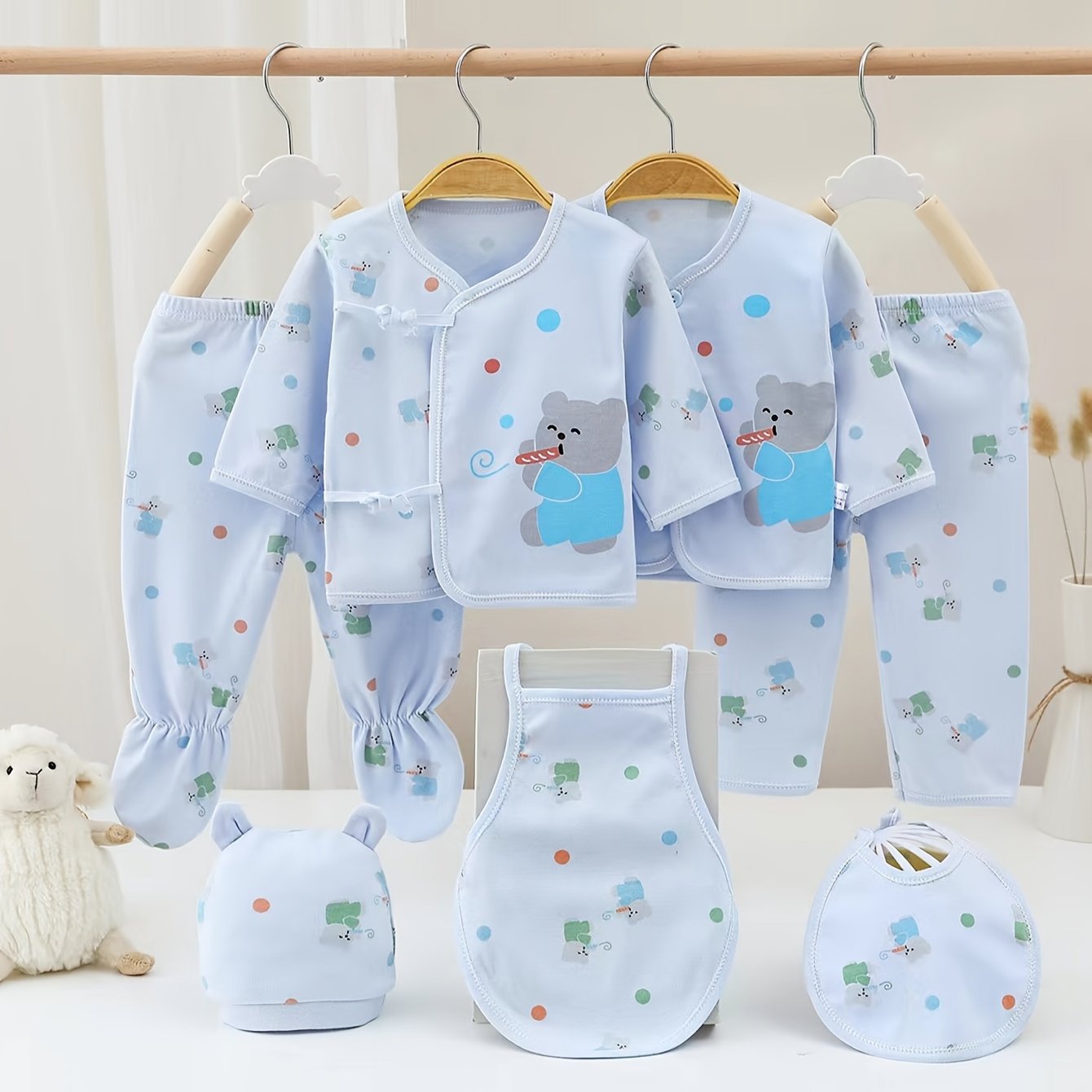 Baby Girl Cotton Clothing Set 7-Piece with Bear and Rabbit Cartoon All Over Print